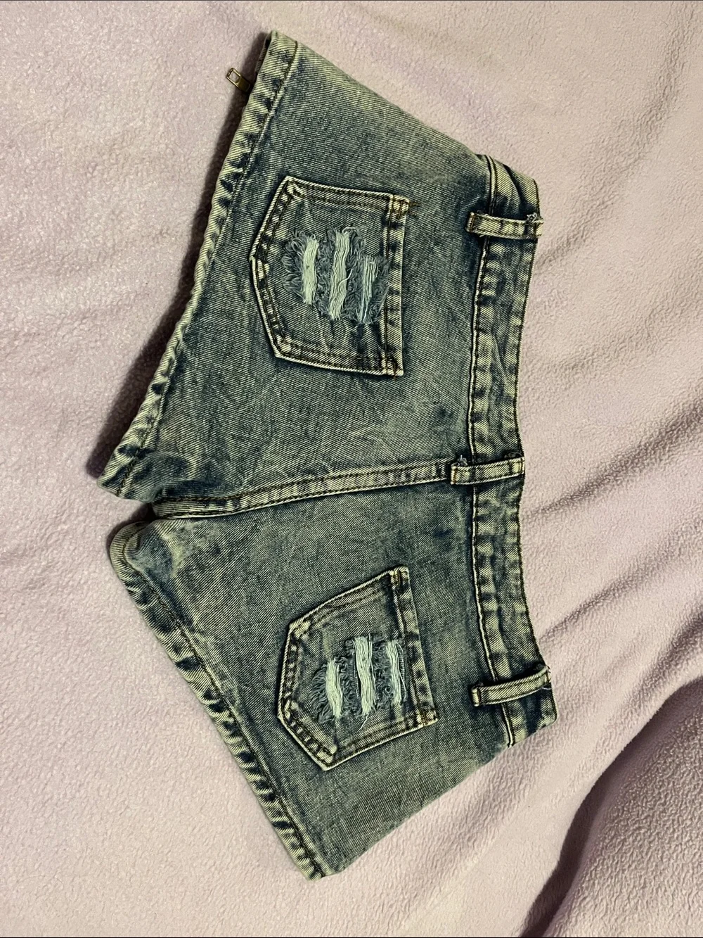 Super low rise short micro Blue Washed Denim Jean Shorts with Gold Accents